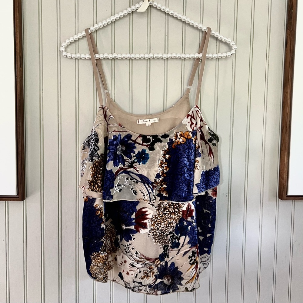 Willow & Clay Mesh Burnout Velvet Tan & Blue Tiered Ruffle Cami Top